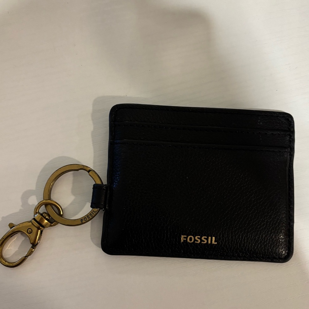 Fossil Black Leather Card Holder with Gold Key Ring